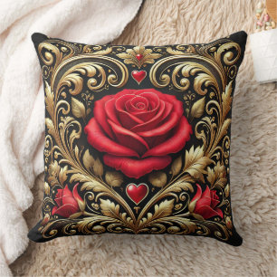 Cojín Decorativo Lujosa pintura de rosa rojo y corazón dorado