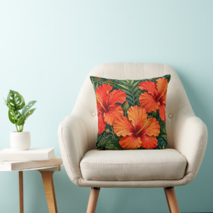 Cojín Decorativo Lujosas flores tropicales de hibisco naranja selva