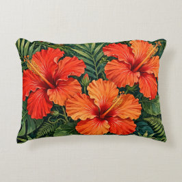 Cojín Decorativo Lujosas flores tropicales de hibisco naranja selva