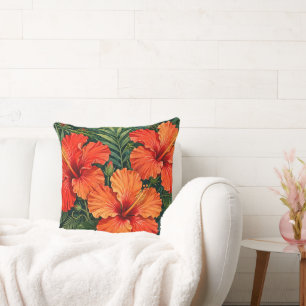 Cojín Decorativo Lujosas flores tropicales de hibisco naranja selva