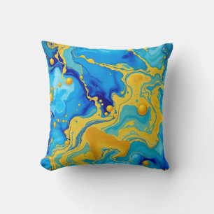 Cojín Decorativo Lujoso abstracto de tinta alcohólica azul y dorada