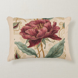 Cojín Decorativo Lujoso, diseño de flores granate y oro arte