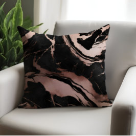 Cojín Decorativo Lujoso Mármol Negro con Patrón de Rosa Dorada Chic