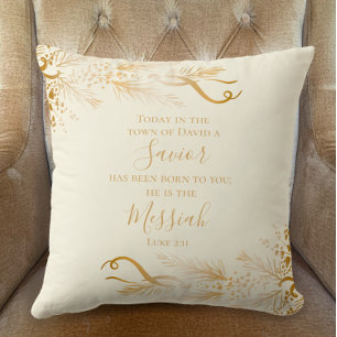 Cojín Decorativo Luke 2:11 Escritura Cristiana Dorada Feliz Navidad
