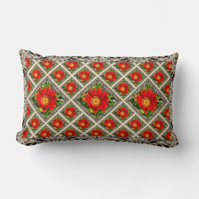 Cojín decorativo lumbar con Gazanias Rojas (Anverso)