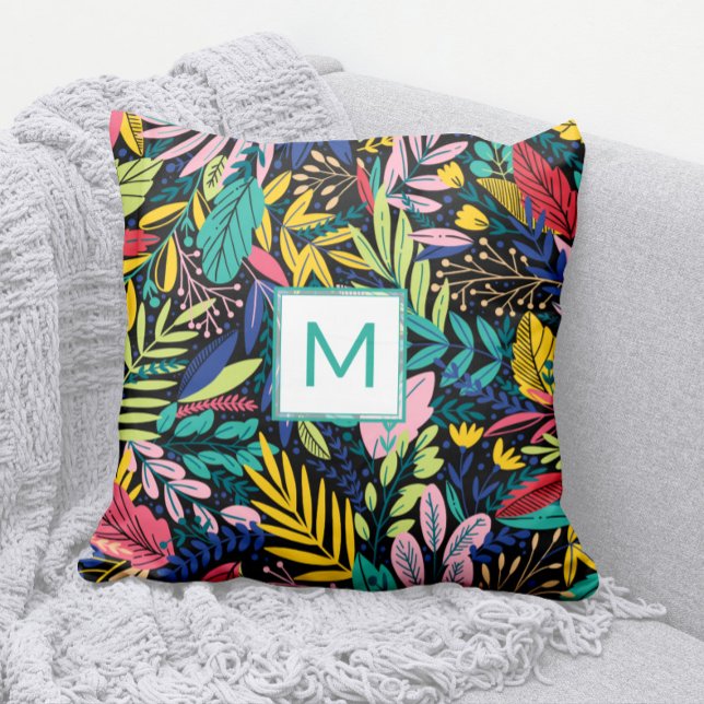 Cojín Decorativo Luminoso Monograma Verde azulado Moderno Salta Art (Modern Bright and Colorful Cheery Leaves Pattern Pillow with Teal Monogram)