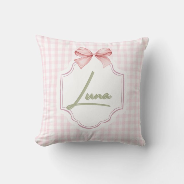 Cojín Decorativo Luna Baby Nursery Bow & Gingham Personalizado (Anverso)