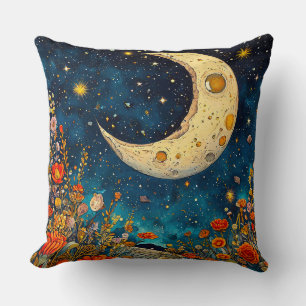 Cojín Decorativo Luna Celeste y Flores Vibrantes