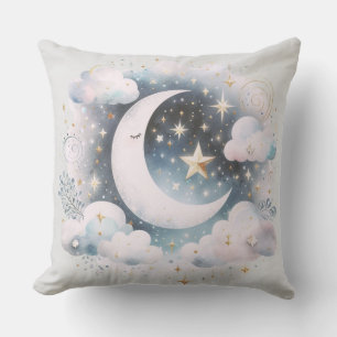 Cojín Decorativo Luna Creciente Azul y Blanco Celestial Boho Modern