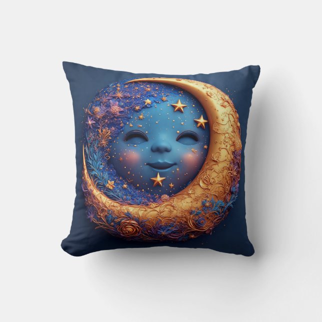 Cojín Decorativo Luna creciente caprichosa con rostro sonriente (Anverso)