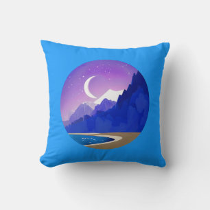 Cojín Decorativo Luna Crescent, Lago y Montañas en Violeta y Azul