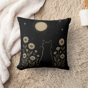 Cojín Decorativo  Luna de Gato Negro Minimalista Flor Silvestre 
