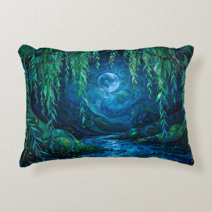 Cojín Decorativo Luna de Sauce Sauce Fluyendo Río Verde Azul Noche