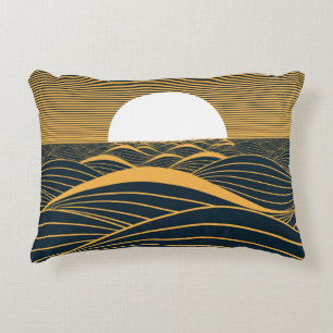 Cojín Decorativo Luna de sol estilizada, ilustracion de mar oscuro.