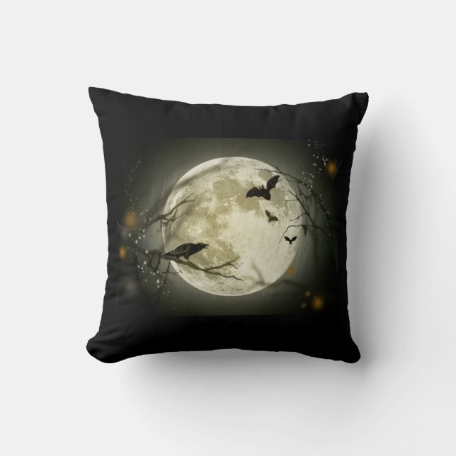 Cojín Decorativo Luna llena con murciélagos y Raven (Anverso)