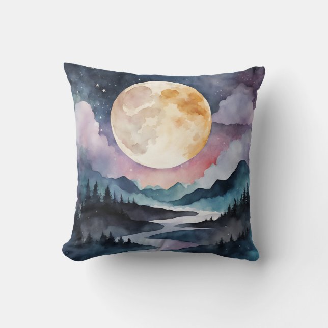 Cojín Decorativo Luna Llena Sobre Montañas Y Bosques (Anverso)