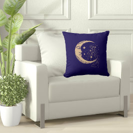 Cojín Decorativo Luna y estrellas de mujeres celestes, boho, oro el