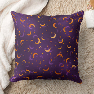Cojín Decorativo Luna y Estrellas de Oro Púrpura Algodón Halloween