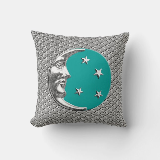 Cojín Decorativo Luna y estrellas del art déco - turquesa y plata (Anverso)