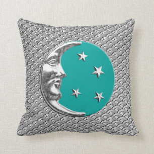 Cojín Decorativo Luna y estrellas del art déco - turquesa y plata
