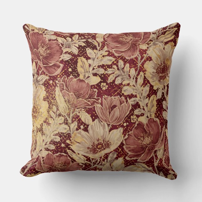 Cojín Decorativo Luxurious Flowers,Gold Maroon, Elegant Beautiful (Anverso)