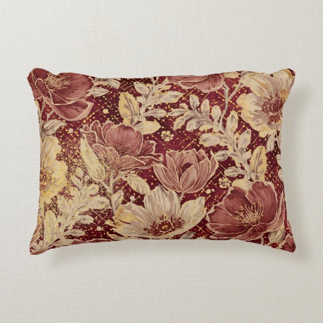 Cojín Decorativo Luxurious Flowers,Gold Maroon, Elegant Beautiful (Anverso)