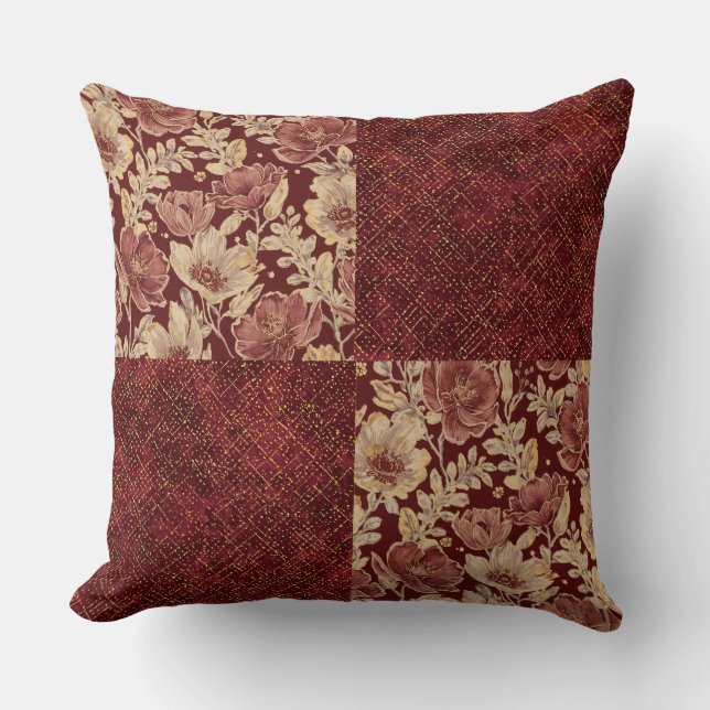 Cojín Decorativo Luxurious Gold Maroon Flowers and Pixels (Anverso)