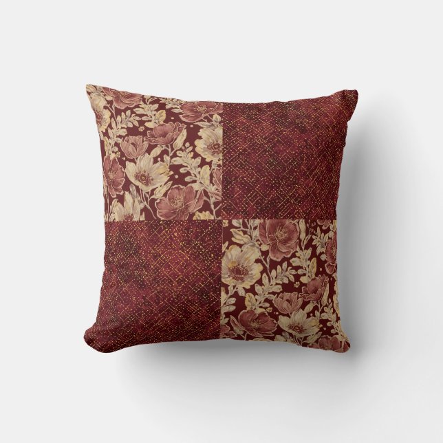 Cojín Decorativo Luxurious Gold Maroon Flowers and Pixels (Anverso)