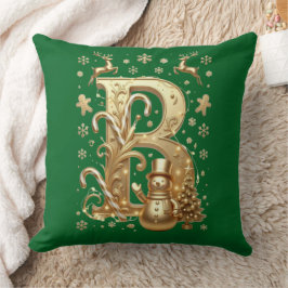 Cojín Decorativo Luxury Gold Letter B Snowman Green Throw Pillow