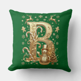 Cojín Decorativo Luxury Gold Letter B Snowman Green Throw Pillow