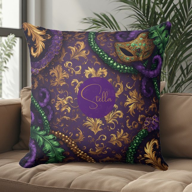 Cojín Decorativo Luxury Mardi Gras Carnival Gold Fleur-de-Lis Bead  (Luxury Mardi Gras Carnival Gold Fleur-de-Lis Bead Throw Pillow)