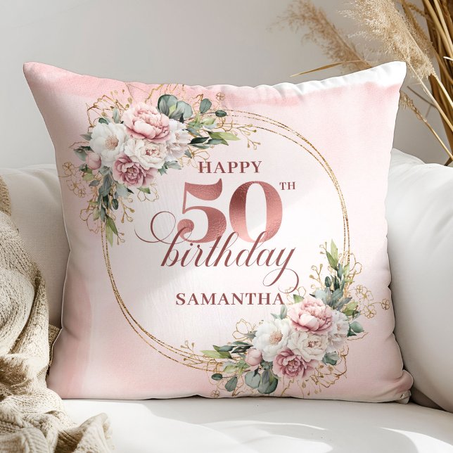 Cojín Decorativo Luxury Rose Gold Floral Greenery 50th Birthday  (Luxury Rose Gold Floral Greenery 50th Birthday Pillow Gift)