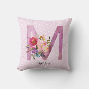 Cojín Decorativo m, Monograma floral inicial, flor acuarela