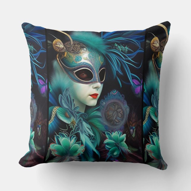 Cojín Decorativo Madame Masquerade Verde azulada (Anverso)