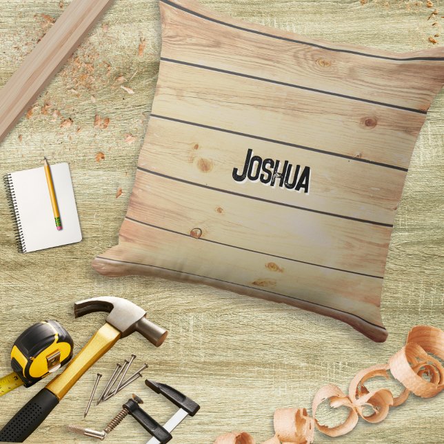 Cojín Decorativo Madera Falsa Efecto Madera Rústica Personalizada (A personalized throw pillow cushion with faux wood design. Ideal for carpenters and woodwork lovers)