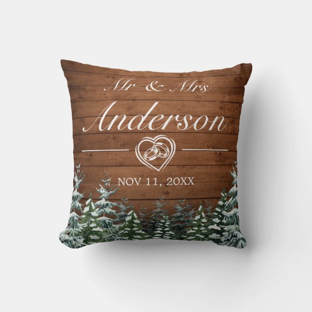Cojín Decorativo Madera nevada y matrimonio de campo forestal (Anverso)