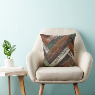 Cojín Decorativo Madera Rústica Chevron Verde Óxido Marrón
