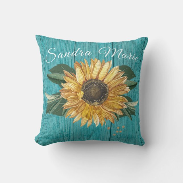 Cojín Decorativo Madera Verde azulada Rústica del girasol amarillo  (Anverso)
