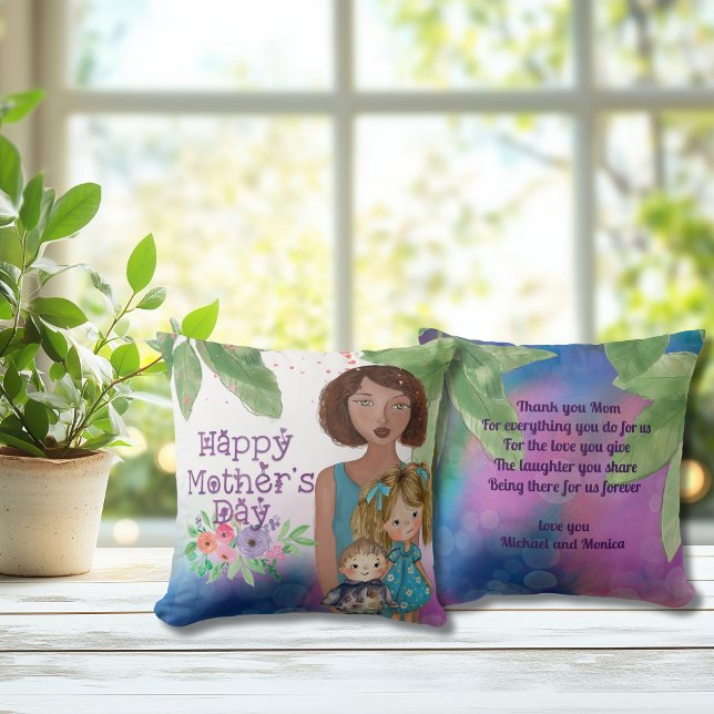 Cojín Decorativo Madre caprichosa con hijos | Día de la madre (Whimsical Mother with kids  Mother's Day Throw Pillow)