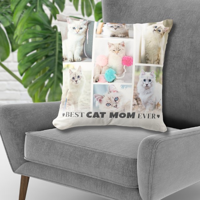 Cojín Decorativo Madre de gato fotográfico personalizada (Personalized Photo Collage Cat Mom Throw Pillow)