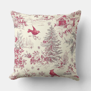 Cojín Decorativo Magenta Rojo Verde Navidad Toile Crema Invierno