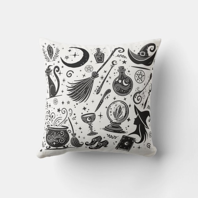 Cojín Decorativo Magnífica Bruja Whimsical Wiccan Pagan Negro y Bla (Reverso)