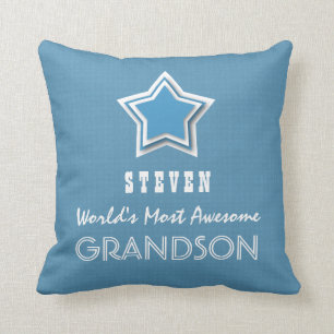 Cojín Decorativo Magnífica estrella blanca azul GRANDSON y nombre 