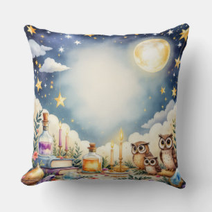Cojín Decorativo Magnífica Noche Cielo Lechuza Estrellas Acuarela P