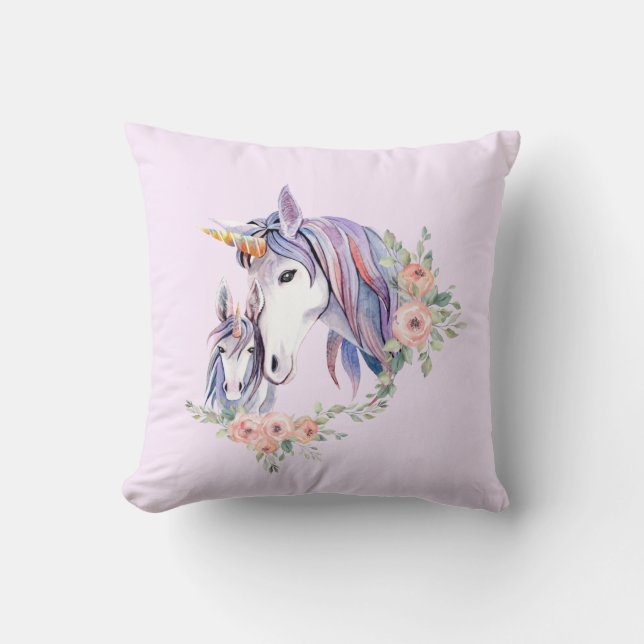 Cojín Decorativo Magnífica unicornio, mamá y bebé acuarela (Anverso)