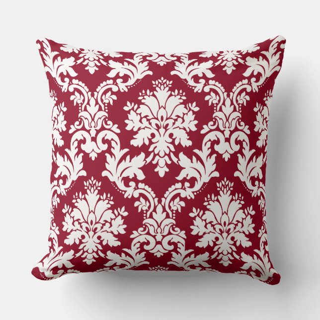 Cojín Decorativo Magnífico patrón floral de damasco rojo profundo (Anverso)