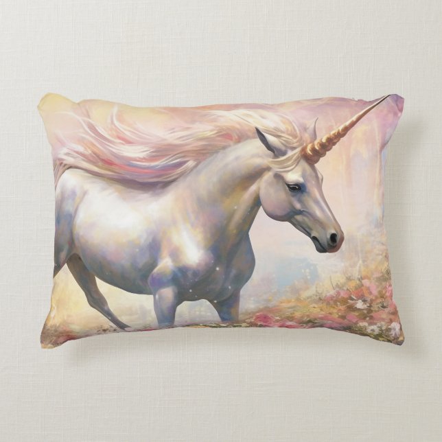 Cojín Decorativo Magnífico rosa y dorado unicornio (Anverso)