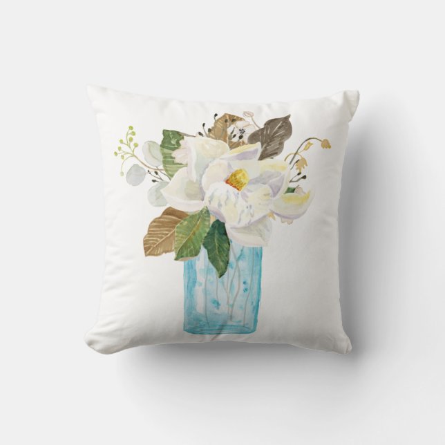 Cojín Decorativo Magnolia Floral Foliage Vasa de vidrio azul (Anverso)