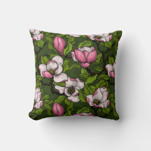 Cojín Decorativo Magnolia floreciente en verde oscuro