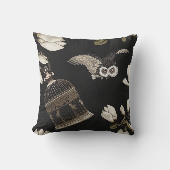 Cojín Decorativo Magnolia Grove with Owls 03 Black White Olive (Anverso)